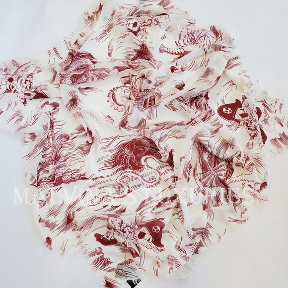 GUCCI SCARF 463508 DISNEY SEA STORM PRINT RED WHITE MODAL SILK SQUARE 55" - Picture 10 of 16